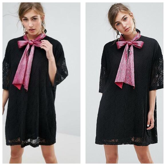 Sister Jane Black Lace T-shirt Mini Dress Medium Pink Bow Whimsigoth Gothic - Picture 1 of 12
